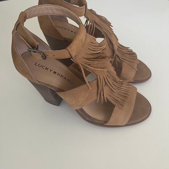 Lucky Brand 'Leesha' Womens 7.5 Fringe Block Heel Tan Nubuck Leather - Picture 4 of 11